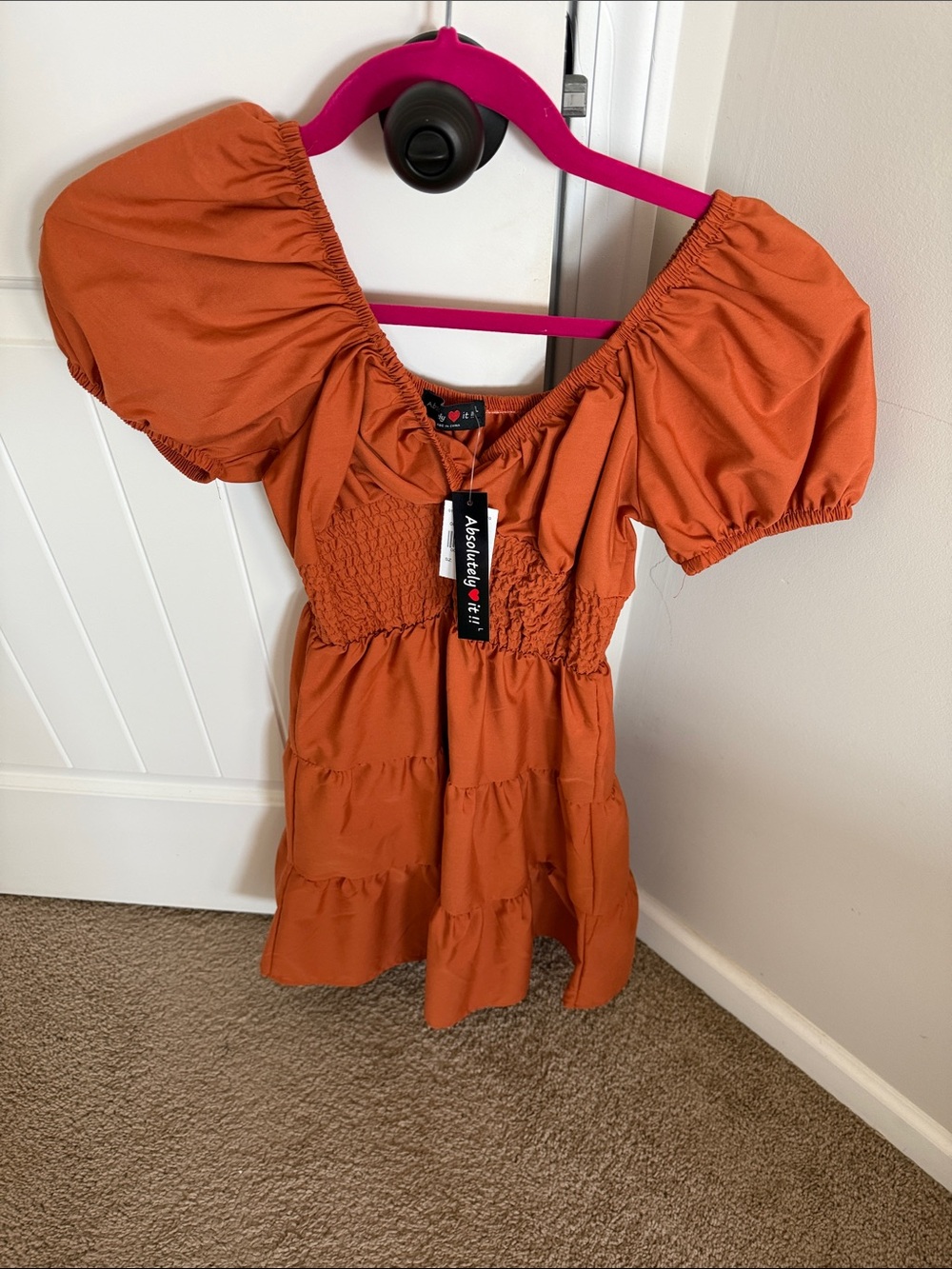 Rainbow Rust Orange Puff Sleeve Smocked Tiered Mini Dress